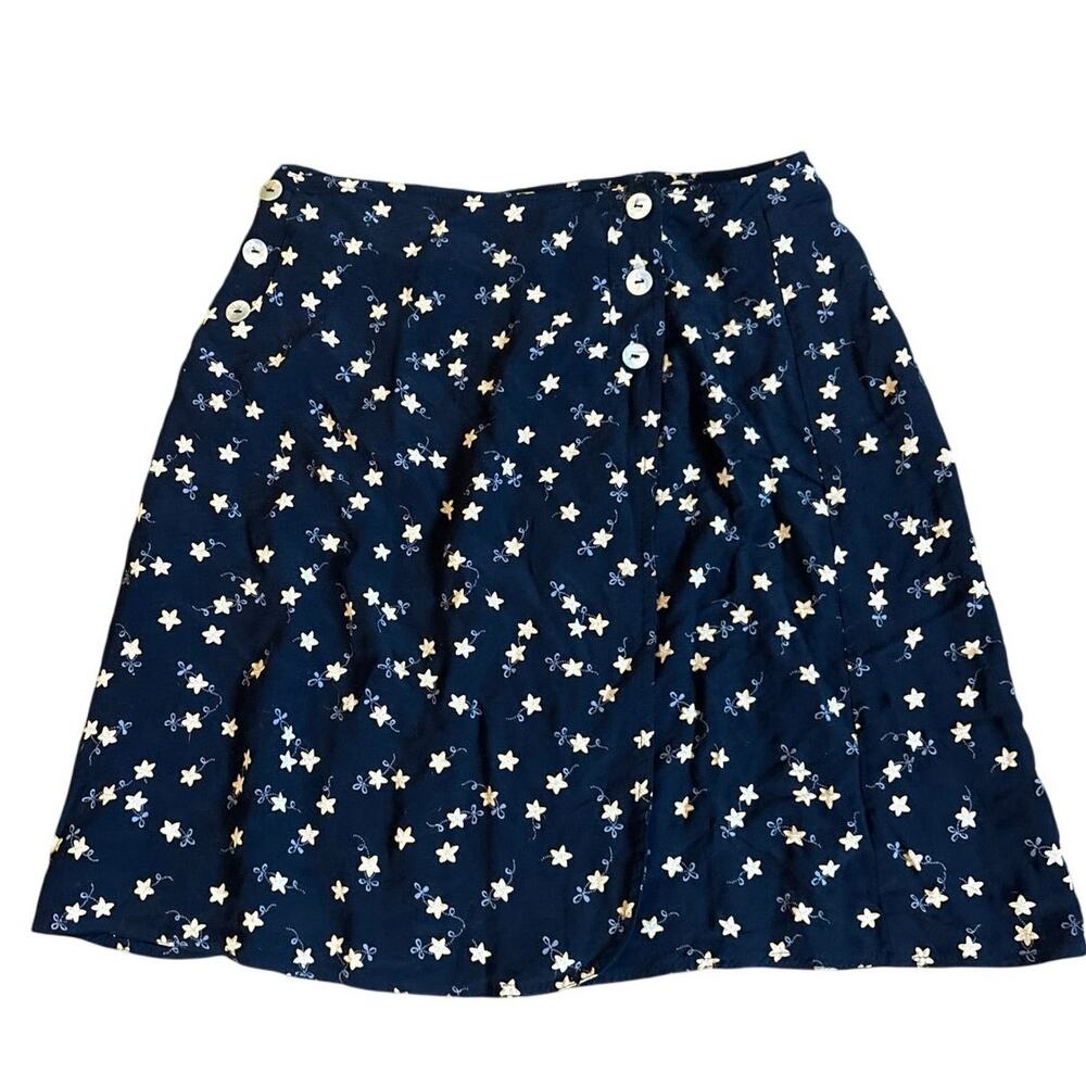 Vintage Breeches Navy Floral‎ Button Front Skirt Size 8 Made in USA Rayon EUC